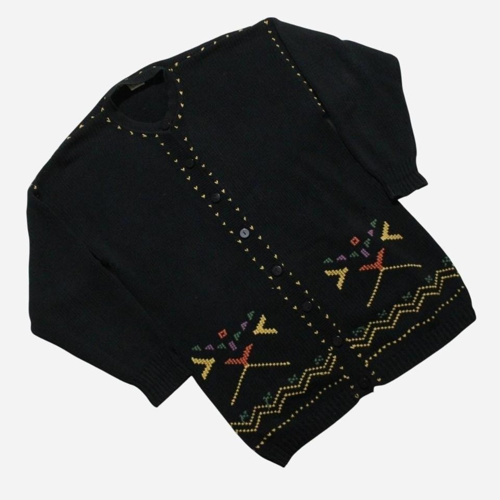 Womens Vintage 90s Herringbone Knit Grandma Cottagecore Black Button Up Cardigan